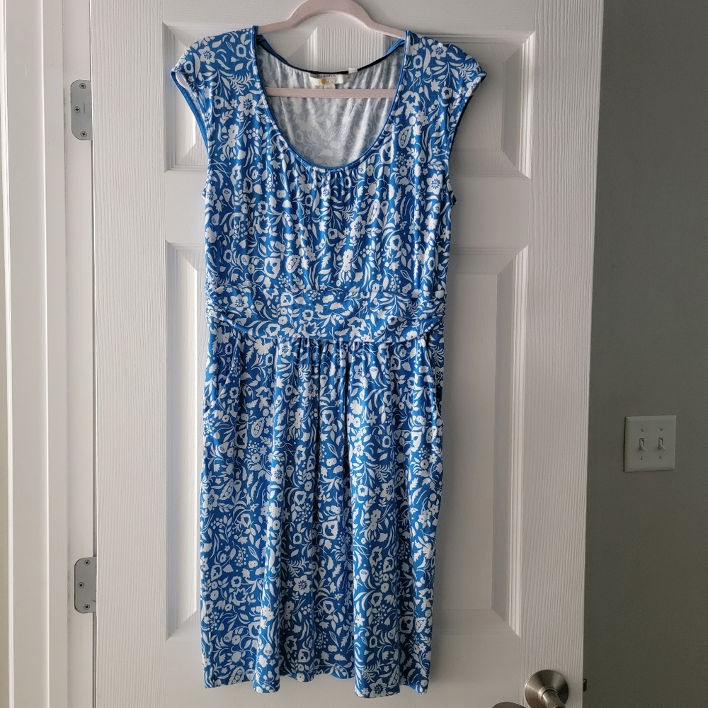 BODEN US 10R Sleeveless Scoop Neck Blue/White Floral Jersey Knit Pockets Dress